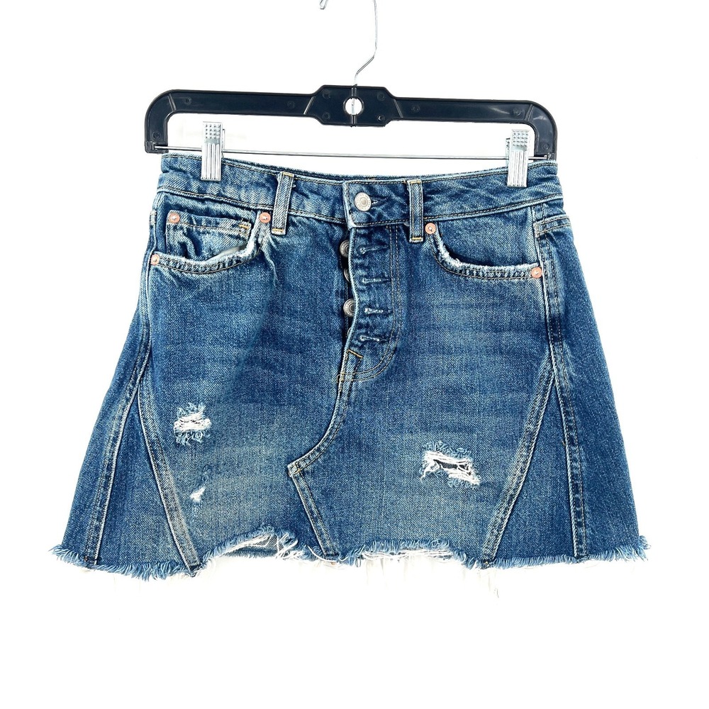 We the Free People mini denim‎ jean skirt distressed funky boho retro blue 26